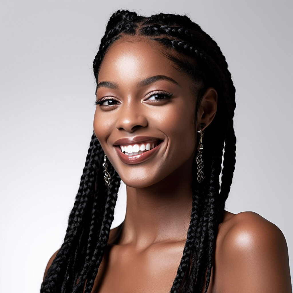 Portrait of a stunning young black supermodel with intricate braided hairstyle exuding elegance and charm.