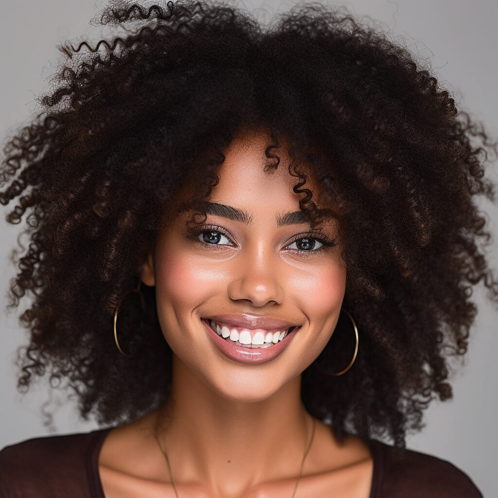 A striking portrait of a young black supermodel with an afro hairstyle exuding confidence and strength.