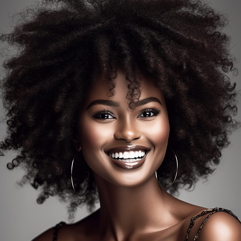 Portrait of a young black supermodel with an afro hairstyle radiating beauty and confidence.