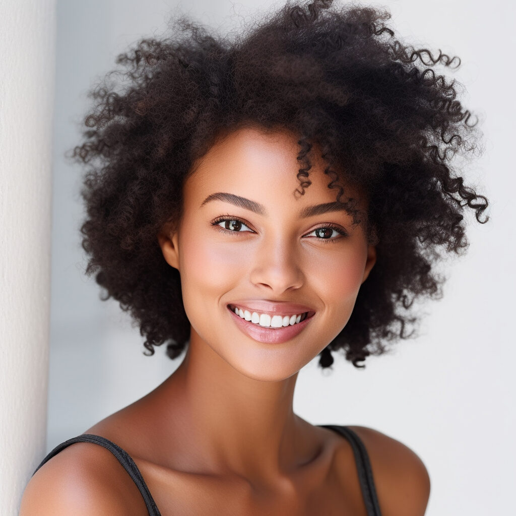 Portrait of a beautiful young black supermodel with an afro hairstyle.