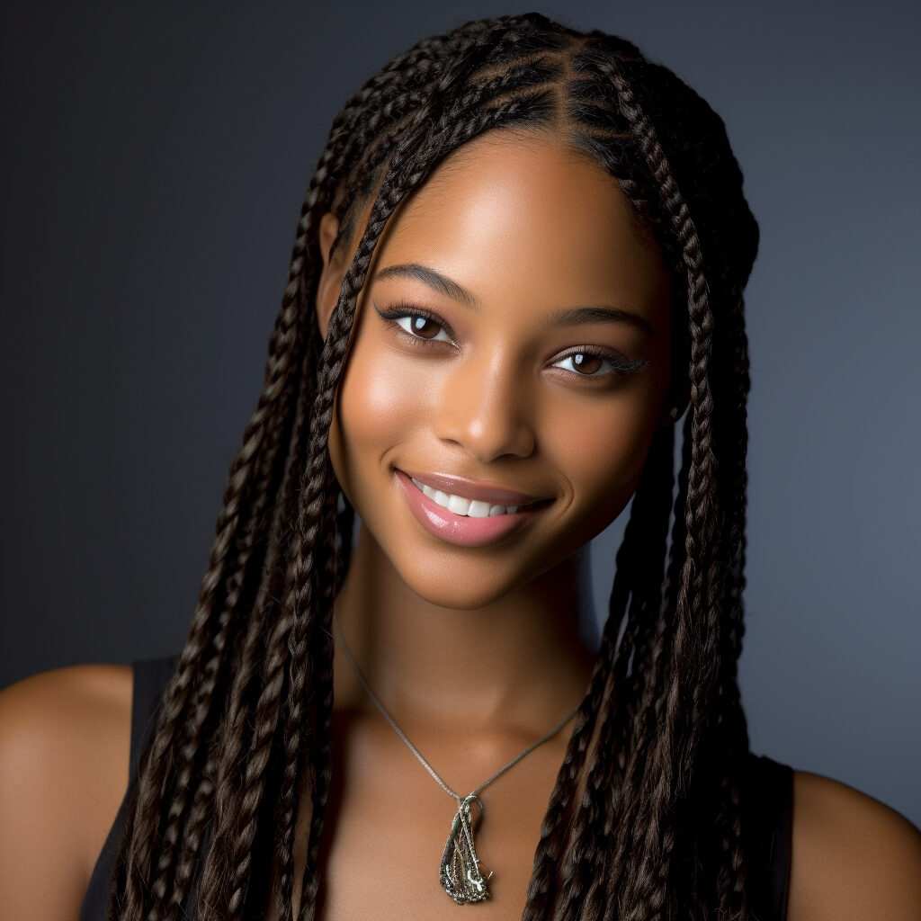 A young black model with long braids showcasing confidence and natural beauty.