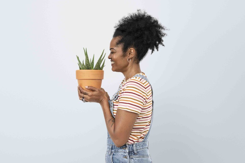 A woman delicately holding a potted aloe vera succulent plant, showcasing its vibrant green leaves and intricate patterns.